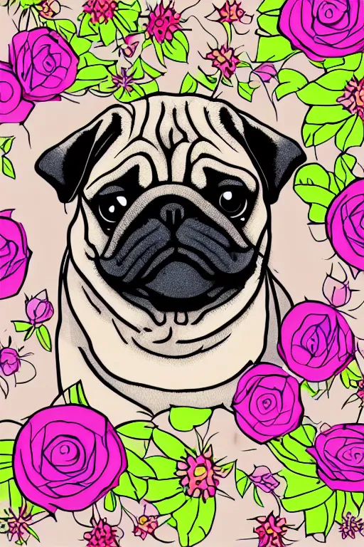 Image similar to portrait of a flower rambo pug, art by milka oxana, sticker, colorful, illustration, highly detailed, simple, smooth and clean vector curves, no jagged lines, vector art, smooth