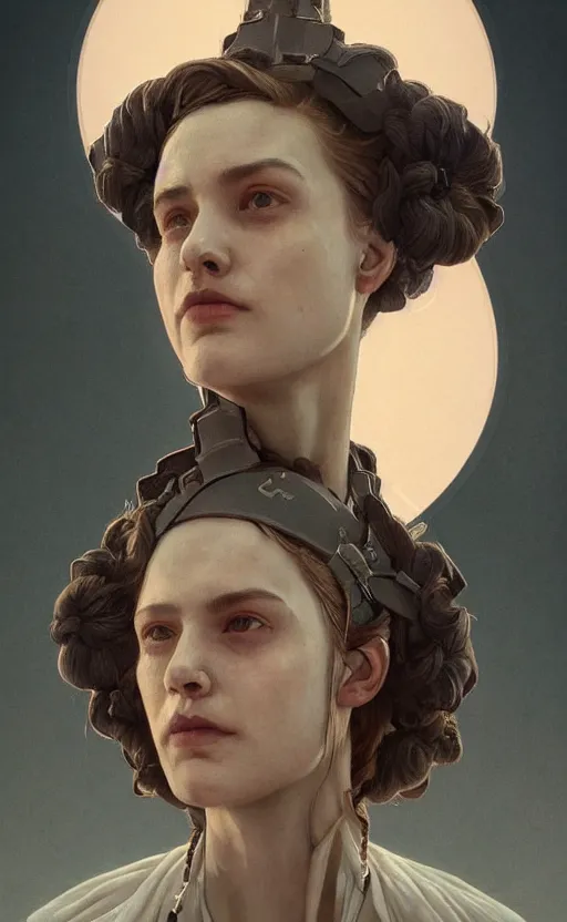 Image similar to portrait of a dystopian woman wearing an outfit inspired by the handmaid ’ s tale ( 2 0 1 7 ), intricate, headshot, highly detailed, digital painting, artstation, concept art, sharp focus, cinematic lighting, digital painting, art by artgerm and greg rutkowski, alphonse mucha, cgsociety