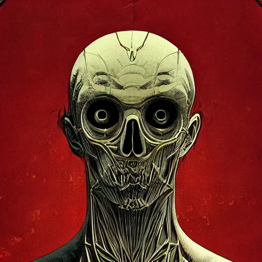 Prompt: vampiric human bloody head, highly detailed and intricate, golden ratio, dark gradient ink with intricate designs, hypermaximalist, elite, horror, creepy, ominous, haunting, majestic, ephemeral detailed art style by Olivier Ledroit and Mike Mignola and cgsociety, Victo Ngai and Artstation trending, art nouveau 8k