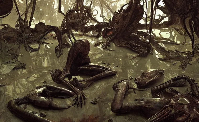 Prompt: digital painting of ovni crash swamp wasteland, alien body parts on the floor, elegant artwork by lee bermejo and greg rutkowski and alphonse mucha