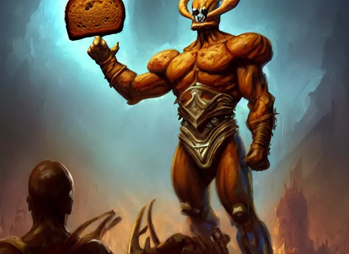 Image similar to a breadtoastman hybrid character giving a speech in front of a podium, audience in the background, by marco bucci and frank frazetta, magic : the gathering fantasy concept art, high resolution, fantasy coloring, intricate, digital painting, artstation, smooth, sharp focus