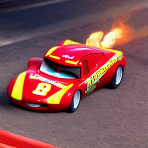 Prompt: a photo of lightning mcqueen, after a horrific traffic accident where he was t - boned by mac.