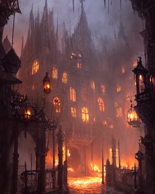 Prompt: robust fantasy castle courtyard burned to the groun, fiery ambient, uplifting mood, ultra realistic, sad, small buildings, highly detailed, epic lighting, illuminated, cinematic, morning, art by eddie mendoza