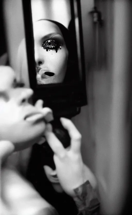 Image similar to cinestill 5 0 d candid photographic portrait by stanley kubrick of a feminine man wearing rugged black techwear and glitter goth makeup looking in the bathroom mirror, cramped new york apartment, medium closeup, retrofuturism cyberpunk cinematic, light and shadows, 8 k, hd, high resolution, 3 5 mm, f / 3 2, ultra realistic faces