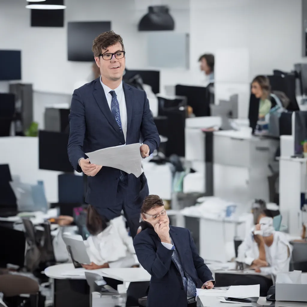 Prompt: A lecturer moves words in an office, corporate portrait, close-up, sigma 85mm, f 1/4, ultra detailed