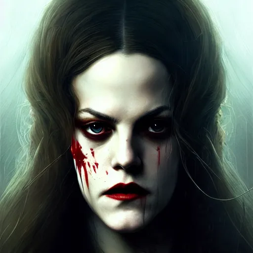 Image similar to portrait of riley keough as a vampire in bloody business suit, blood red eyes, fantasy, intricate, elegant, highly detailed, digital painting, art by aenaluck and roberto ferri and greg rutkowski, epic fantasy, movie poster