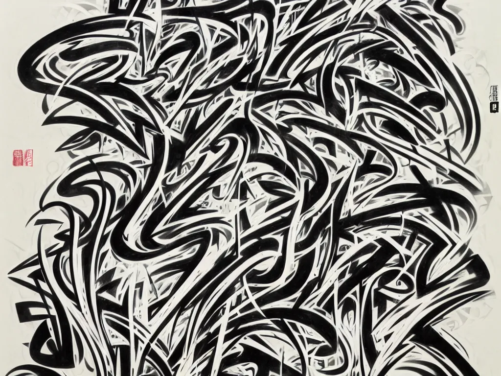 Prompt: pencil and marker illustration by doze green, strong linework, figurative abstraction and letterforms, graffiti, abstract typography, edo period, gesso and sumi ink