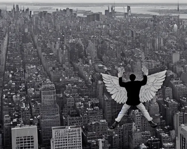 Image similar to a homeless man fly's in the sky like an angel over the city. realistic image. new york city candid photo. hyperrealistic terrorist attack.