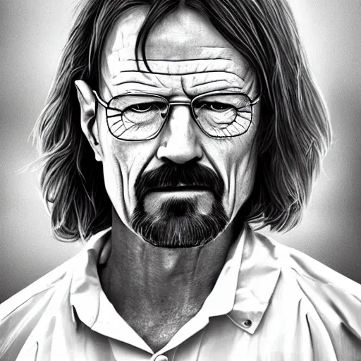 Prompt: a detailed portrait of walter white with long hair, art illustration, incredibly highly detailed and realistic, 8 k, sharp focus