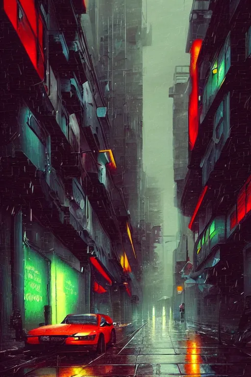 Prompt: a painting of a city street in the rain, cyberpunk art by vincent lefevre, cgsociety, panfuturism, cityscape, streetscape, mist