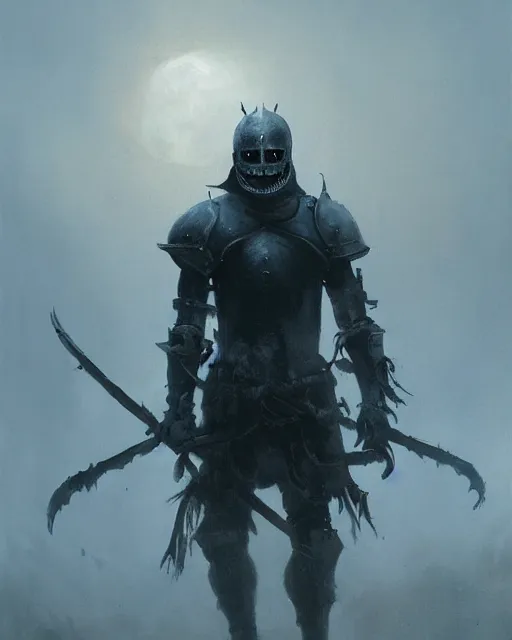 Prompt: Hyper realistic oil painting of an undead knight, knight in the foreground, fog, volumetric lighting, nighttime, moonlight, creepy, by greg rutkowski