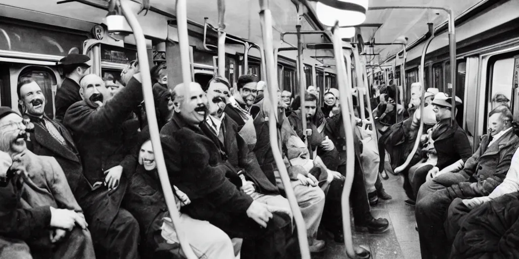 Image similar to a large stream of people in a subway car, there is a middle-aged man with a Hussar moustache, two people are standing to his right and laughing loudly