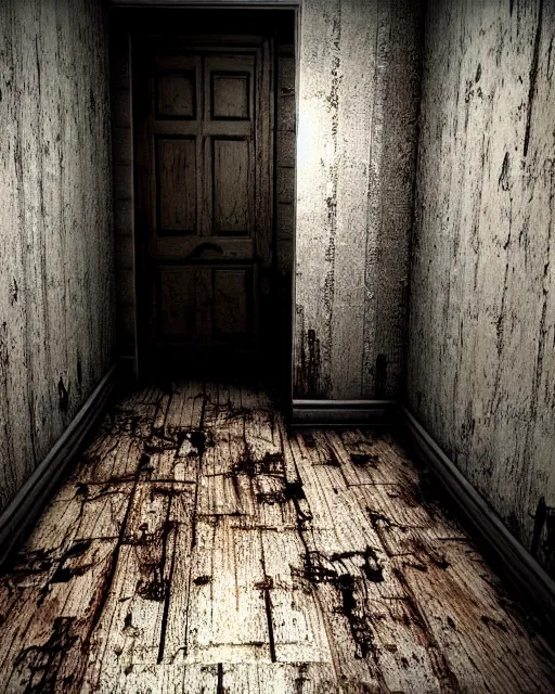 Image similar to Resident Evil 7, American gothic interior, mold growing on walls, wooden floor, atmospheric, nighttime scene, photorealistic narrow hallway with broken windows, horror