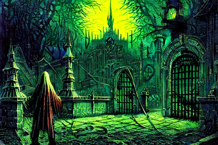 Prompt: the hellspawn demon greeting souls of sinners at the gates of the river styx by dan mumford and josan gonzalez and john atkinson grimshaw and guido borelli da caluso and stephen gammell, vibrant, psychedelic, green, blue