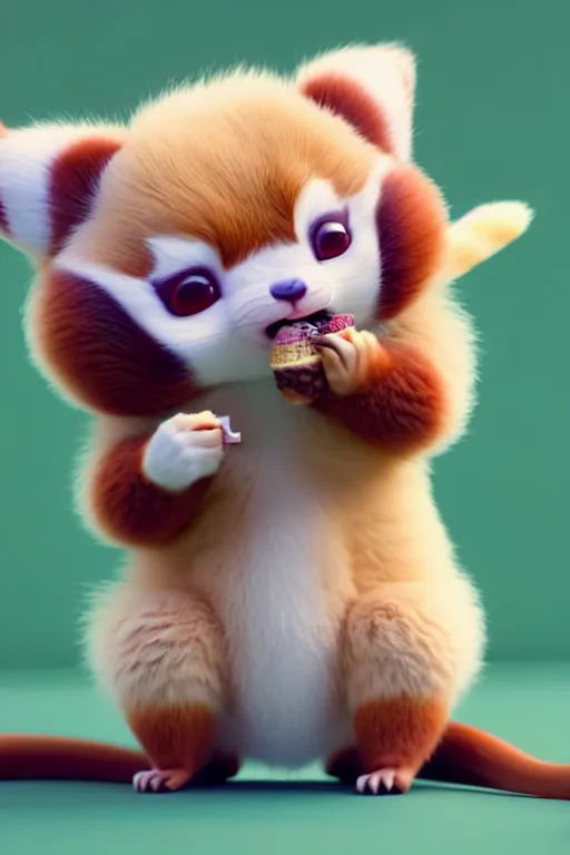 Prompt: high quality 3 d render hyperrealist very cute pastel fluffy! red panda & tarsier hybrid eating giant ice cream full body, vray smooth, in the style of detective pikachu, charlie immer, very dramatic light, low angle, uhd 8 k, shallow depth or field