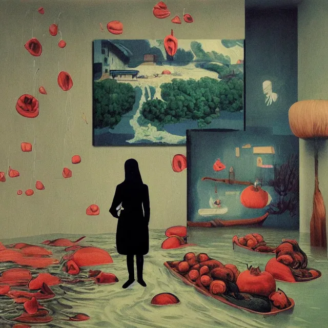 Image similar to tall emo artist in her flooded apartment, painting of flood waters inside an artist's home, a river flooding indoors, pomegranates, pigs, ikebana, zen, water, octopus, river, rapids, waterfall, black swans, canoe, berries, acrylic on canvas, surrealist, by magritte and monet