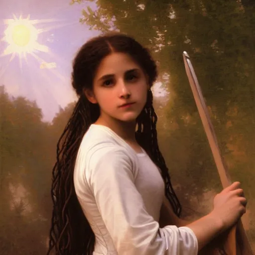 Prompt: Painting of Hermione Granger by William Adolphe Bouguereau. Sunset. Extremely detailed. 4K. Award winning.