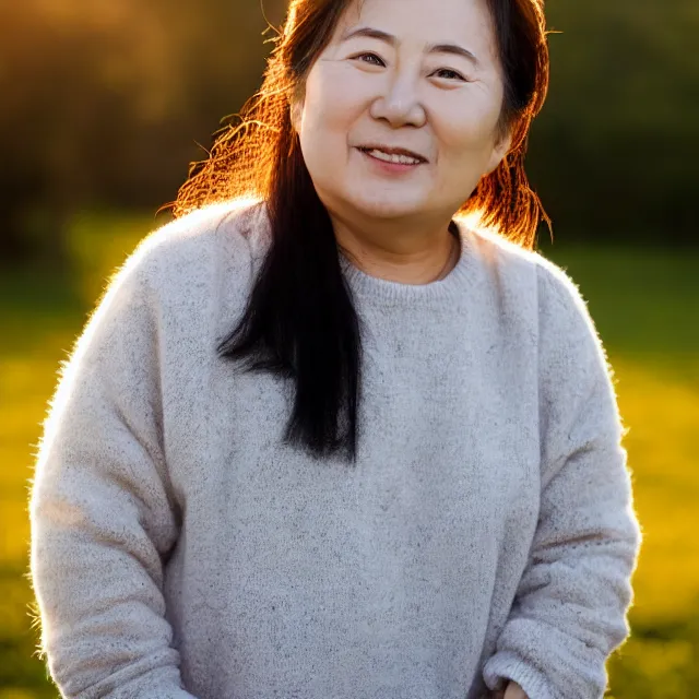 Image similar to photo of a korean woman who looks just like danny devito, portrait photo, golden hour, backlit, outdoors, nature, 8 5 mm f / 2. 4