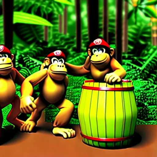 Image similar to Donkey Kong and Diddy Kong surrounded by tropical trees and barrels, 3D render