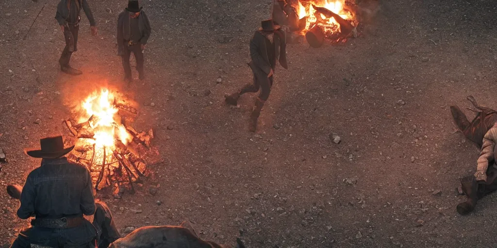 Prompt: birds - eye - view of rugged bandit cialien murphy ( ( alone ) ) in the old west, handcuffed by shackles at a campfire and thomas brodie - sangster ( ( alone ) ), violently fist fighting, volumetric lighting, cinematic, dark, grim, unforgiven