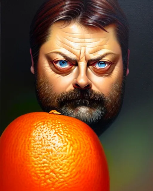 Prompt: detailed portrait of nick offerman as an oranges! ( citrus fruit ) by tomasz alen kopera and peter mohrbacher and johanna martine! and margaret keane! coherent luminescent