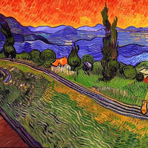 Prompt: grand theft auto ( gta ) landscape in the style of vincent van gogh, trending on artstation