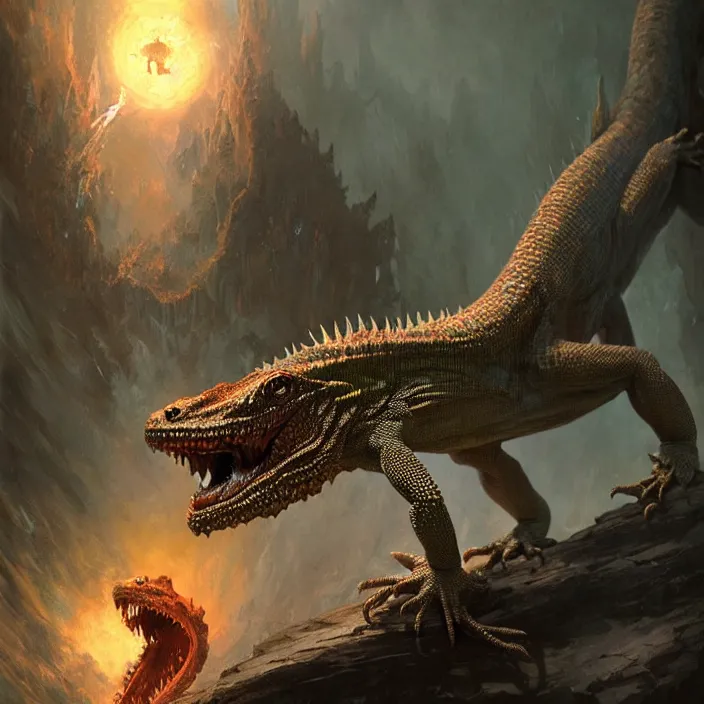 Prompt: 4k lizard demon screaming, art by greg rutkowski, art by craig mullins, art by thomas kincade, art by Yoshitaka Amano