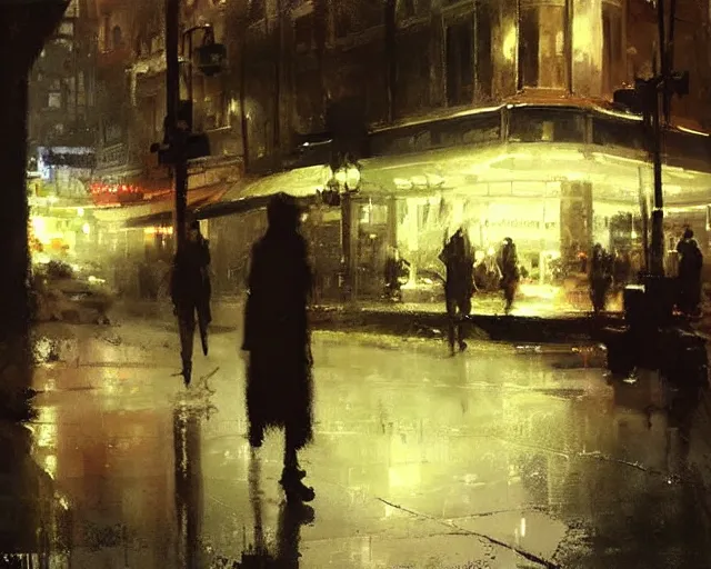 Image similar to detailed street scene, volumetric lighting, painting by jeremy mann