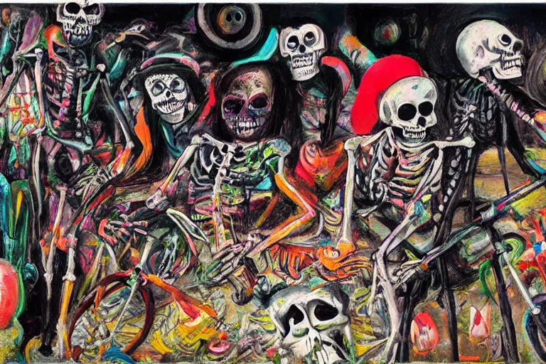 Image similar to scene from surfing, day of the dead, cyber skeleton, neon painting by otto dix