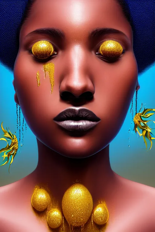 Prompt: hyperrealistic precisionist cinematic profile very expressive! black oshun goddess, in water! up to shoulders, mirror dripping droplet!, gold flowers, highly detailed face, digital art masterpiece, smooth eric zener cam de leon, dramatic pearlescent turquoise light on one side, close - up low angle uhd 8 k, shallow depth of field