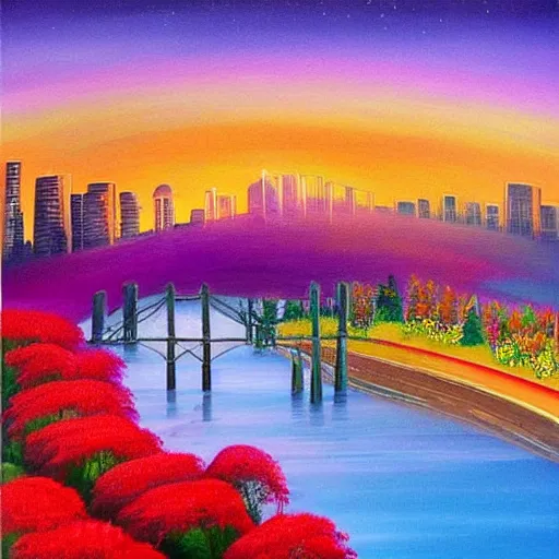 Image similar to Beautiful city of the future in harmony with nature. Nice colour scheme, soft warm colour. Beautiful painting by Lurid. (2022)