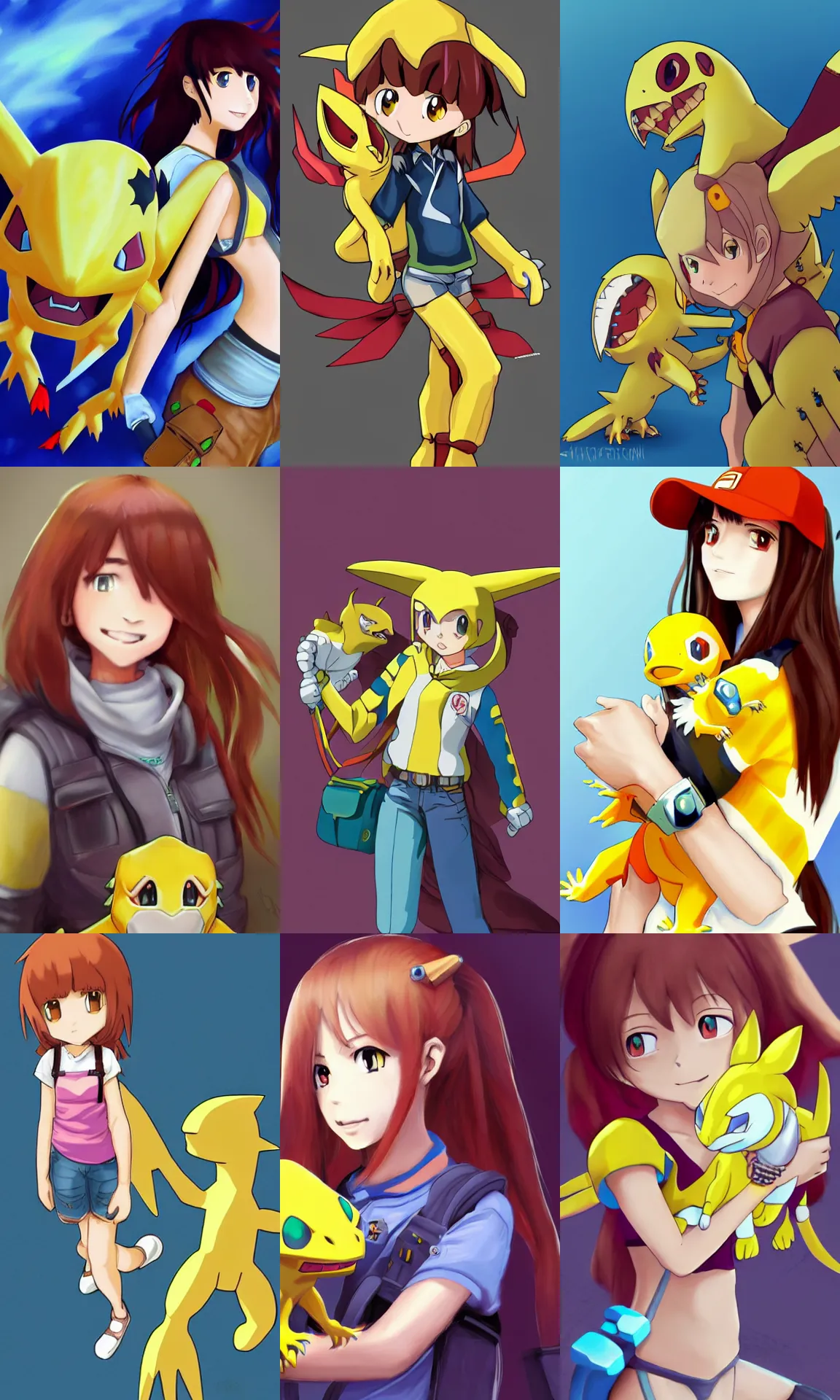 Prompt: digimon, brunette girl holding agumon, concept art, illustration, artstation