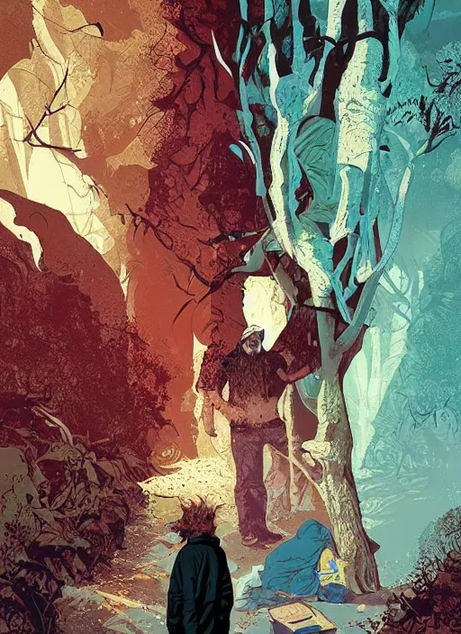 Prompt: poster artwork by Michael Whelan and Tomer Hanuka, Karol Bak of Chuck Norris as the local homeless man in the small town who has a spiritual connection to the world and is the protector of the woods, from scene from Twin Peaks, clean