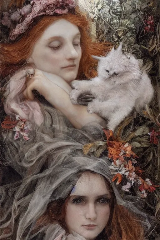 Image similar to An extremely beautiful pre-raphaelite portrait of a cute witch and her cat, surreal, ultradetailed, intricate, elegant, detailed, digital painting, artstation, concept art, smooth, sharp focus, illustration, regal, award winning picture, extremely detailed masterpiece, sense of awe, featured on artstation, Artgerm, effervescent punk kawaii-noir pastel bubbles, winning award piece, ethereal rainbows, Aetherpunk, Exquisite details