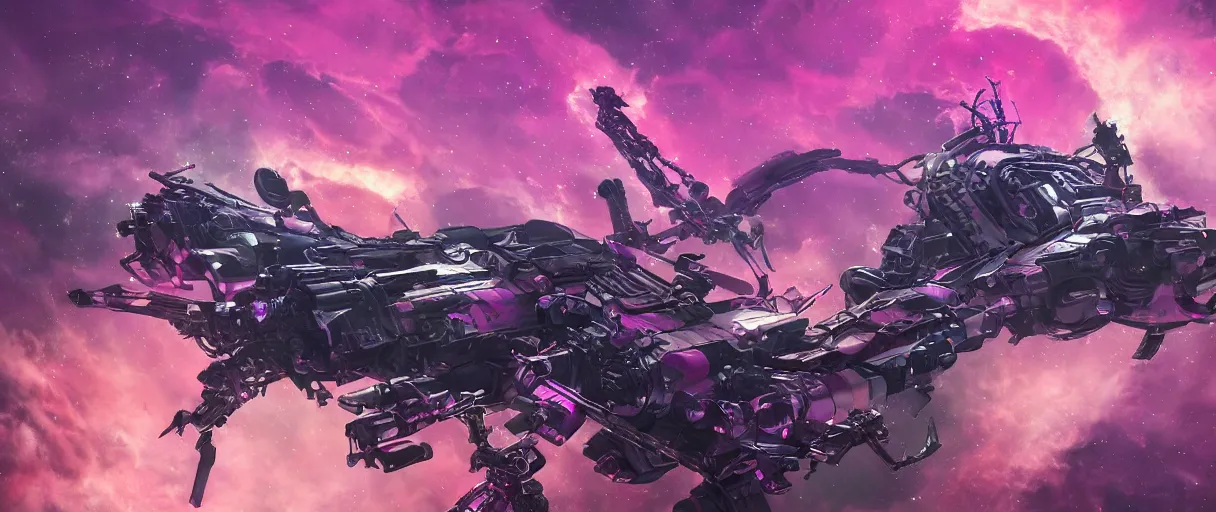 Image similar to space, a mechanical horse with a pink mohawk drives a pirate spaceship, punk, hyperdetailed illustration, stars, pink, neon, oil painting, rich deep colors masterpiece, pirate neon ship, ultra detailed, contrast, heaven pink, clouds, volumetric light, atmospheric lighting, dramatic, cinematic, moody, octane render 4 k, 8 k