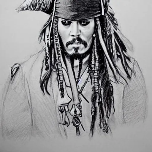 Prompt: jack sparrow a testifying in court. pencil court sketch. intricate. highly professionally detailed.