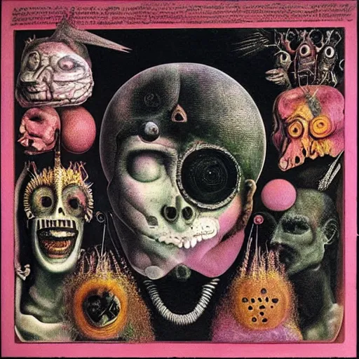Image similar to post - punk new age album cover, magic, apocalypse, psychedelic, psychonaut, black white pink, magic, giger h. r., giuseppe arcimboldo