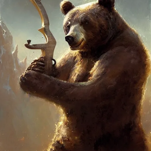 Image similar to realistic bear playing futuristic minimalistic axe-shaped guitar, fantasy character portrait by Greg Rutkowski, Craig Mullins, Gaston Bussiere