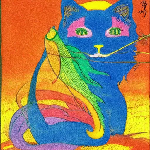 Image similar to model clay flowing rainbow cat by susan herbert and hiroshige ii and theophile steinlen and louis wain and min zhen and arthur rackham and pierre bonnard and bonnie mclean and wes wilson, 8 k, artstation