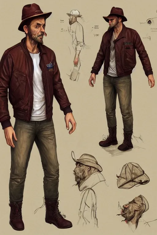 Image similar to character design, reference sheet, 40's adventurer, unshaven, optimistic, stained dirty clothing, straw hat, heavy boots, red t-shirt, dusty brown bomber leather jacket, detailed, concept art, photorealistic, hyperdetailed, , art by Leyendecker