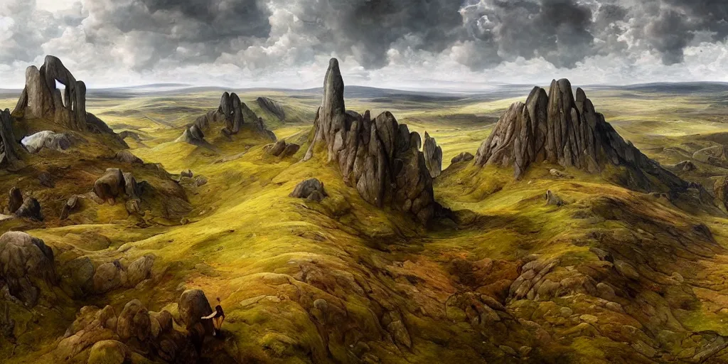 Prompt: Beautiful landscape of Aberdeenshire and Bennachie in the centre, physically accurate, dramatic dynamic lighting, intricate, elegant, highly detailed, digital painting, artstation, very hyperrealistic, Hieronymus Bosch, Tomas Sanchez, Renaissance, concept art, smooth, sharp focus, illustration, art by artgerm and greg rutkowski and alphonse mucha