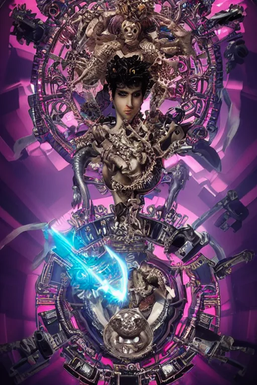 Image similar to full-body rococo and cyberpunk style sculpture of a young seductive Latino prince half android with a chest exposing circuitry, glowing pink seductive laser eyes, crown of blue gears and diamonds, swirling salmon-colored silk fabric, robotic raptors dinosaurs. baroque elements. full-length view. intricate artwork by caravaggio. art by Artgerm and Greg Rutkowski and Alphonse Mucha, Trending on artstation, cinematic industrial lighting, hyper realism, octane render, 8k, depth of field, 3D