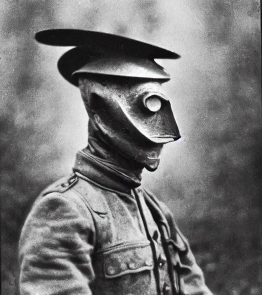 Prompt: a soldier wearing a scarecrow mask in distance, ww1 film photo, grainy, high detail, high resolution