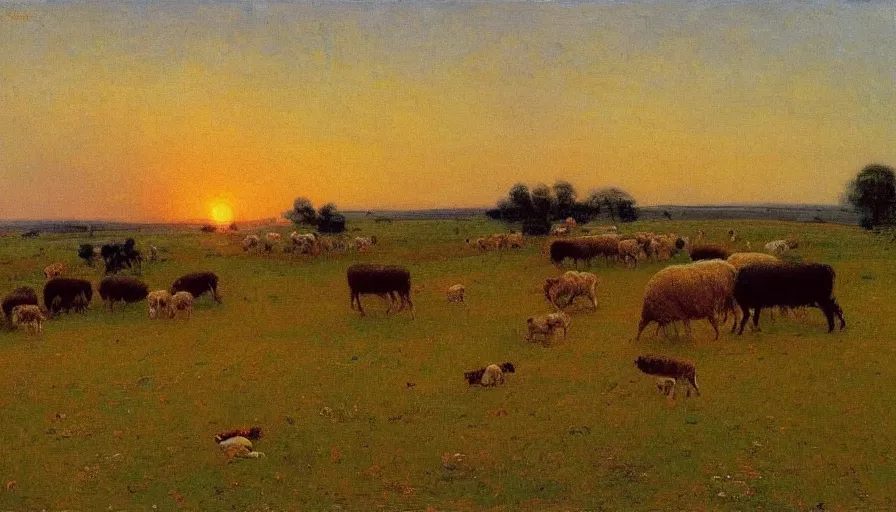 Prompt: wide scene of sheep in a meadow at sunset, by ilya repin