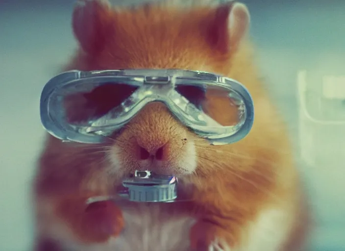 Image similar to film still of a hamster wearing goggles working in a research lab using a tiny microscope, 8 k