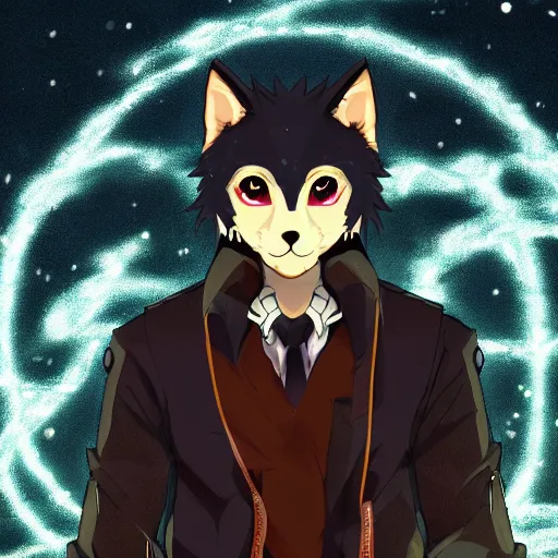 Prompt: key anime visual portrait of a handsome male anthro wolf furry fursona wearing a leather outfit downtown at night, bokeh background, official modern animation