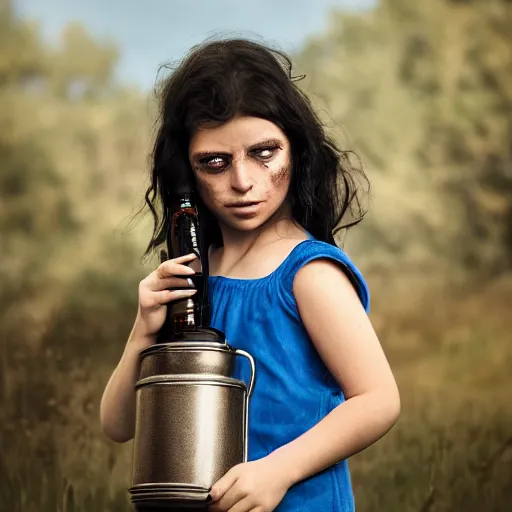 Prompt: a little blue-skinned girl with messy black hair sharp pointed ears freckles along the ridges of her cheeks drinking from a leather flask, dnd triton, high resolution film still, 4k, HDR colors