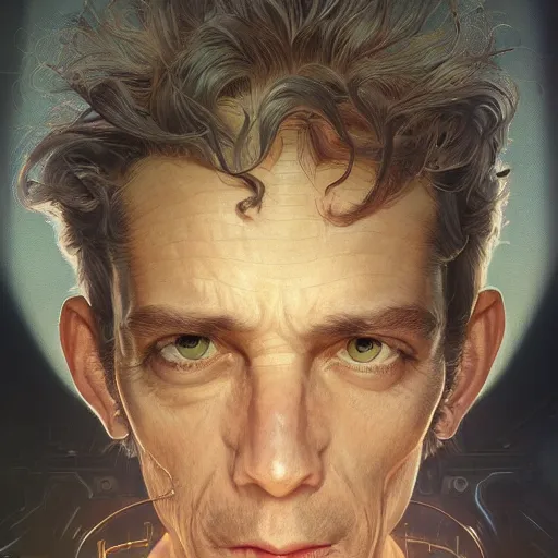 Image similar to portrait of a mad scientist in 2500, advanced technology, intricate, headshot, highly detailed, digital painting, artstation, concept art, sharp focus, cinematic lighting, illustration, art by artgerm and greg rutkowski, alphonse mucha, cgsociety