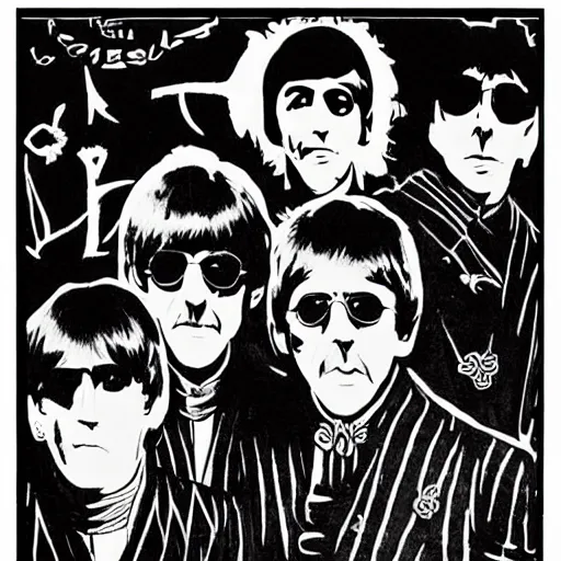 Image similar to beatles album cover, evil style, angry ringo, skeleton john,