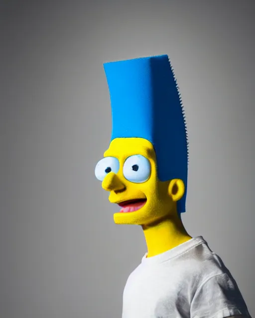 Prompt: live action bart simpson with open sores, centered, studio lighting, 1 5 0 mm